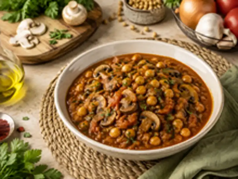 خوراک نخود و قارچ با سس گوجه و جعفری تازه