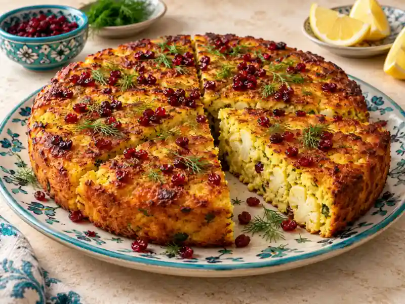 کوکوی گل‌کلم و زرشک تنوری با زعفران و شوید تازه