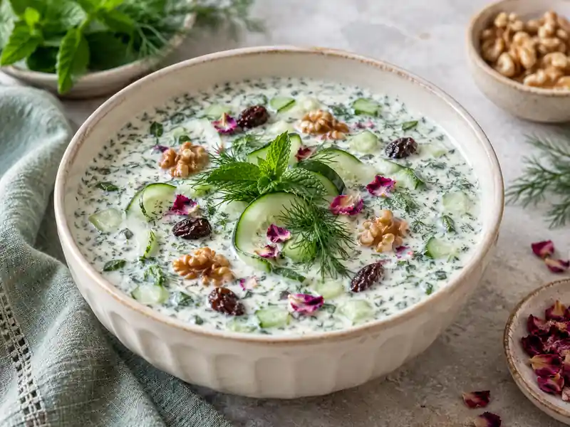 سوپ سرد خیار و گردو با ماست و شوید