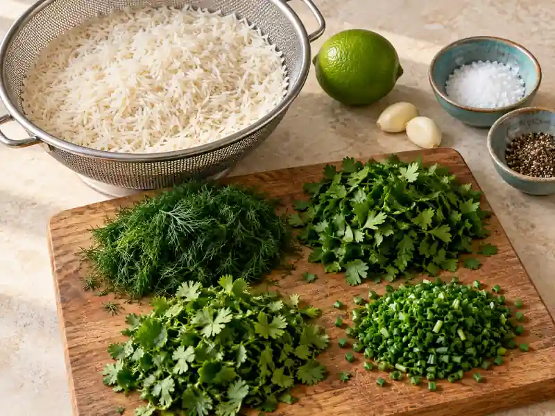 تصویر شستن برنج و آماده‌کردن سبزی‌ها