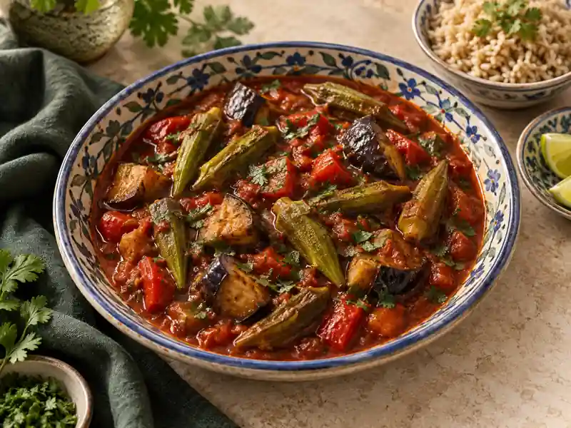 خوراک بامیه و بادمجان با تمرهندی