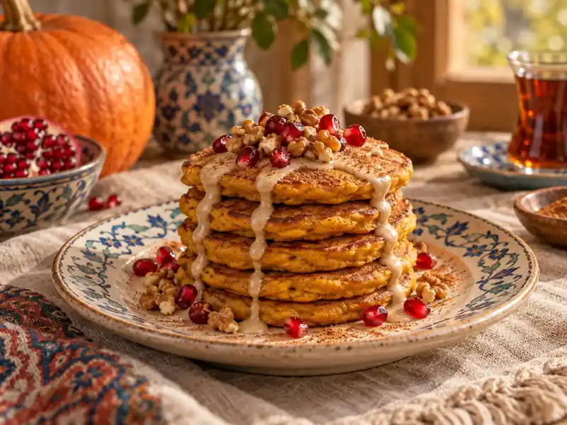 پنکیک کدوحلوایی گیاهی با ارده، دارچین، گردو و دانه انار