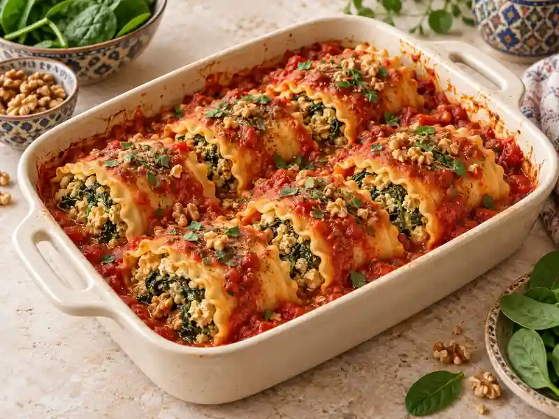 رول لازانیای گیاهی با توفو، اسفناج، گردو و سس گوجه